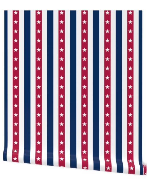 USA Flag Colors of Red, White and Blue with Stars in Alternating 2 Inch Vertical Stripes Wallpaper