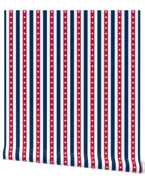 USA Flag Colors of Red, White and Blue with Stars in Alternating 1 Inch Vertical Stripes Wallpaper