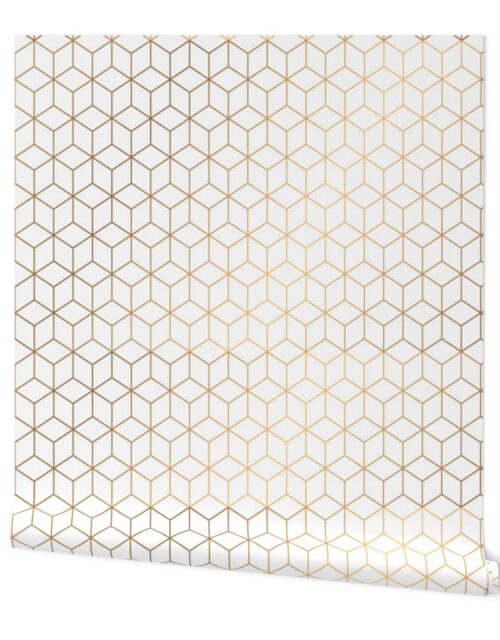 Large White and Faux Metallic Gold Art Deco 3D Geometric Cubes Wallpaper