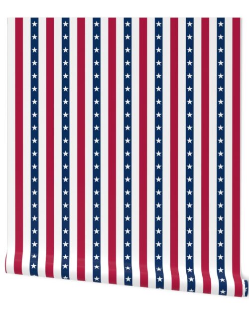 USA Flag Colors of Red, White and Blue with Stars in Alternating 2 Inch Wide Vertical Stripes Wallpaper