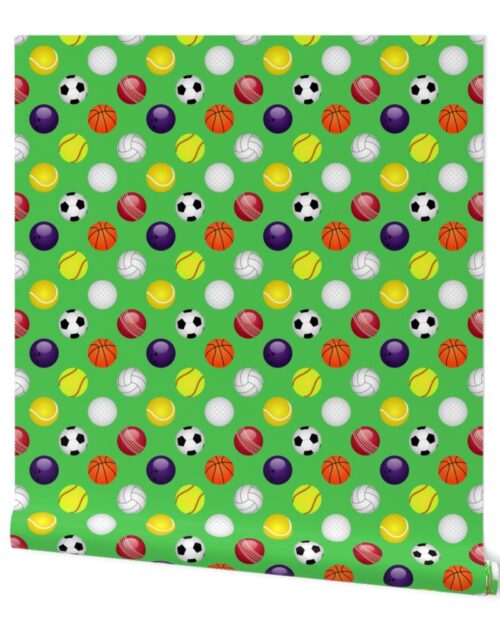 Large Sports Balls Soccer, Tennis, Basket, Base, Cricket, Volley, Golf, Soft and Pool Balls on Grass Green Wallpaper
