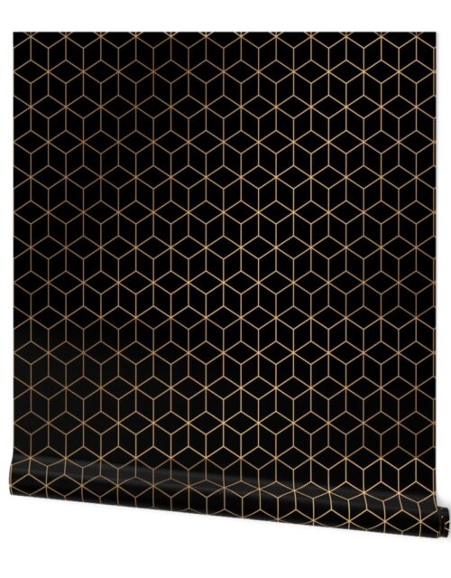 Large Black and Faux Metallic Gold Art Deco 3D Geometric Cubes Wallpaper