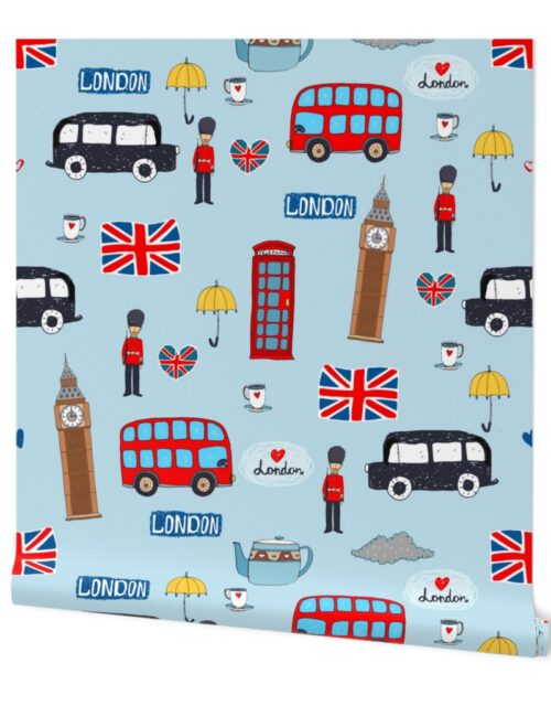 London England Handdrawn Motifs Big Ben, Union Jack, Palace Guard, Teatime, Brollies on Blue Wallpaper