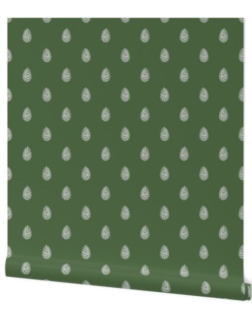 Christmas Pine Cone in Bright White on Fir Tree Green Wallpaper