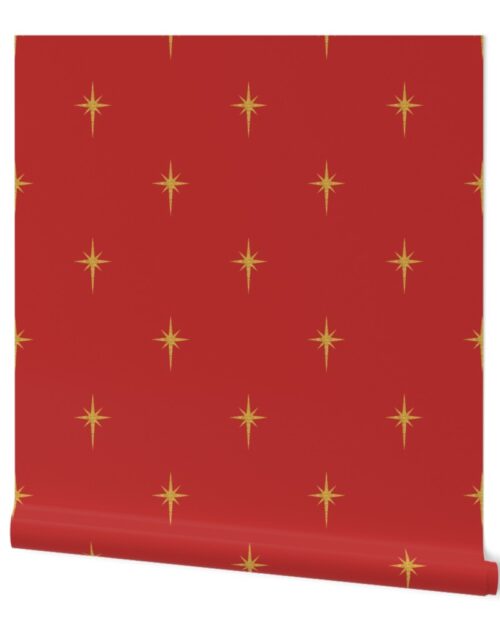 Christmas Faux Gold Foil Star in Holly Berry Red Wallpaper