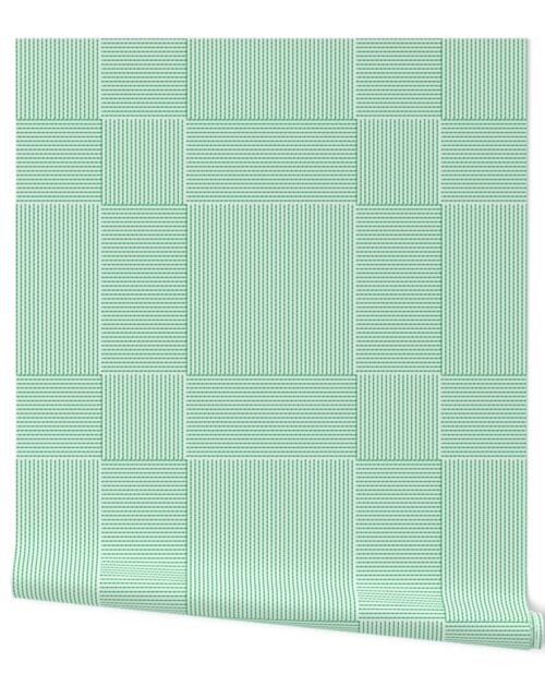 Patchwork Quilt Squares in Shades of Clover Green Seersucker-look Stripes Wallpaper