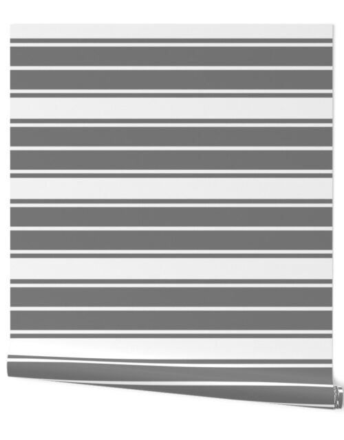 Grey Fog and white and White Horizontal  French Stripe Wallpaper