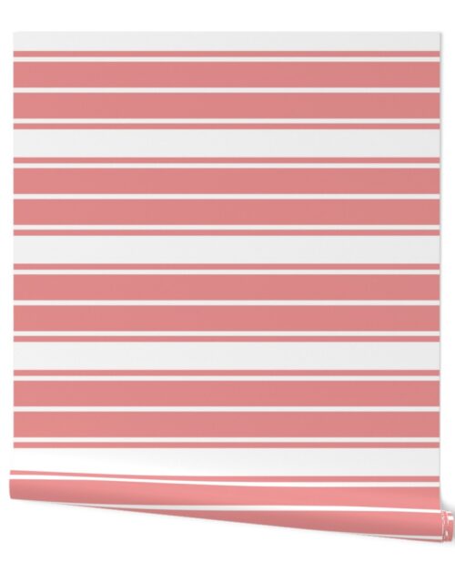 Coral and White Horizontal  French Stripe Wallpaper