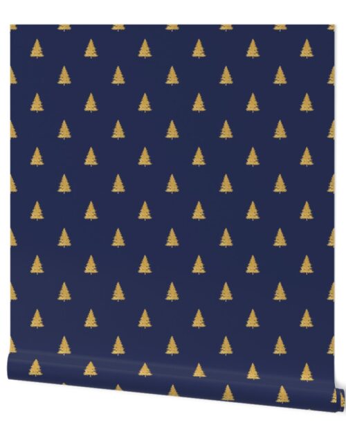 Christmas Tree in Gold Faux Foil on Midnight Blue Wallpaper