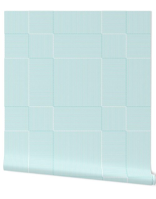Patchwork Quilt Squares in Shades of Aqua Seersucker-look Stripes Wallpaper