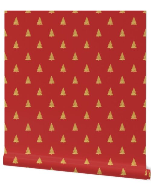 Christmas Tree in Gold Faux Foil on Holly Berry Red Wallpaper