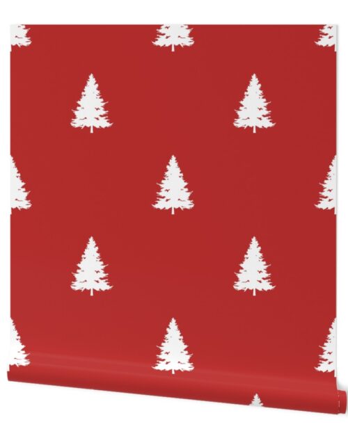 Christas Holly Berry Red with White Christmas Trees Wallpaper