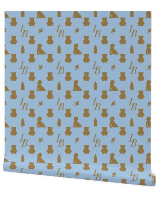Louis Baby Luxury Iconic Monogram Pattern on Classic Blue with Tan Motifs Wallpaper