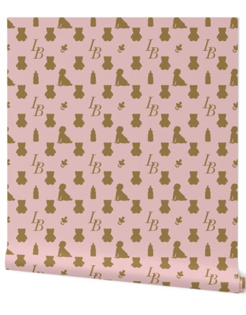 Louis Baby Luxury Iconic Monogram Pattern on Classic Pink with Tan Motifs Wallpaper
