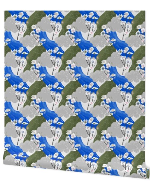 Small Blue and White Daisies Abstract Seamless Repeat Pattern Wallpaper