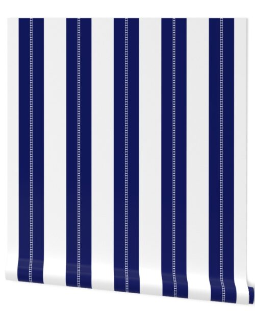 White and Navy Blue Cabana Beach Bubble Stripes Wallpaper