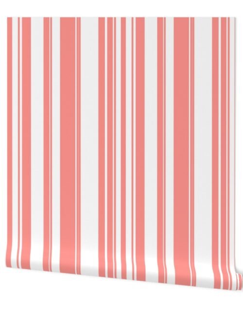 Small Coral on White Random Width Vertical Barcode Stripes Wallpaper