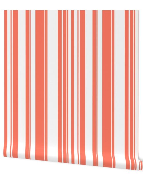 Small Neon Coral on White Random Width Vertical Barcode Stripes Wallpaper
