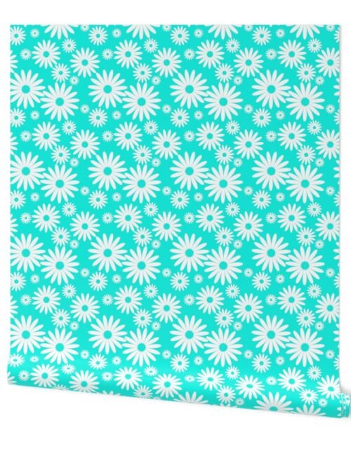 Mini Daisies in Aqua and White Wallpaper