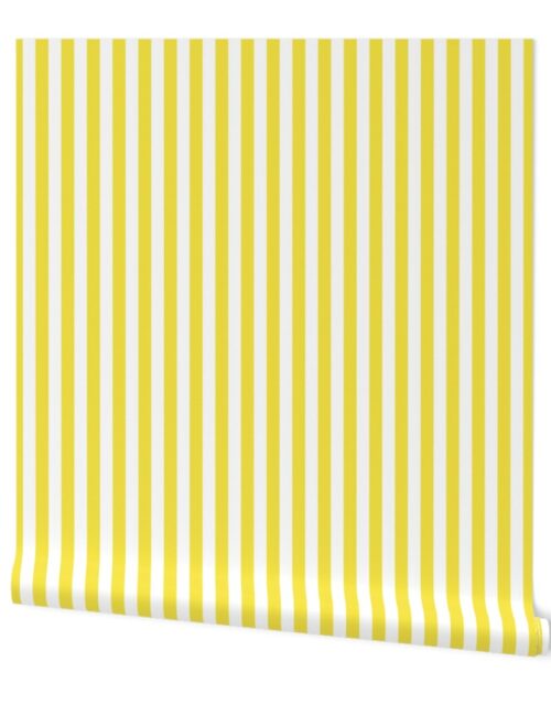 Illuminating Yellow and White Vertical Cabana Tent Stripes Wallpaper