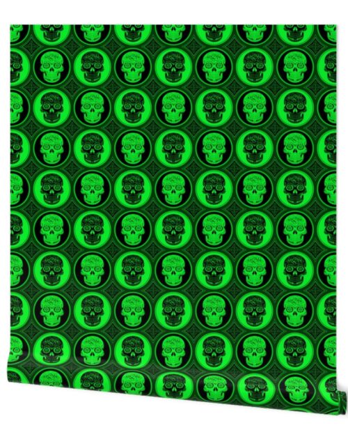 Large Bright Green and Black Skulls Calaveras Day of the Dead Dia de los Muertos Wallpaper