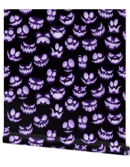 Grinning Halloween Jack o Lantern Faces in Purple on Black Wallpaper