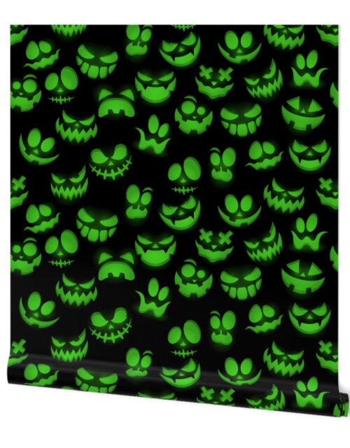 Grinning Halloween Jack o Lantern Faces in Neon Green on Black Wallpaper