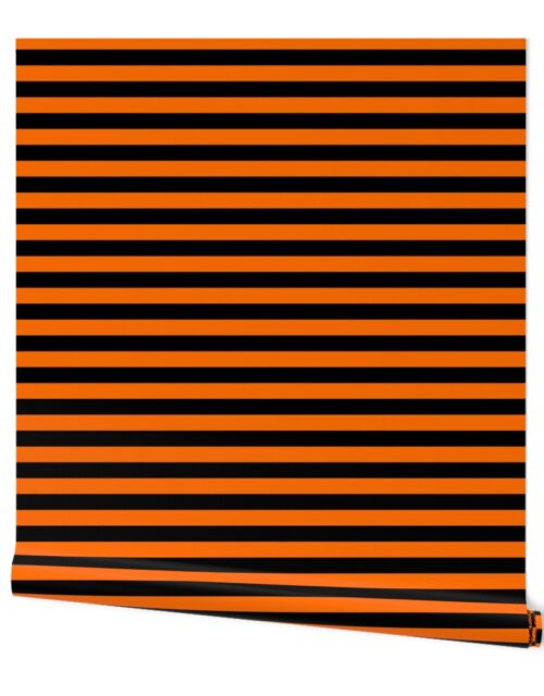 Dark Pumpkin Orange and Black Horizontal Witch Stripes Wallpaper