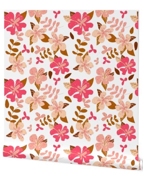 Jumbo Tropical Pink and Brown Hibiscus Floral Repeat on White Wallpaper
