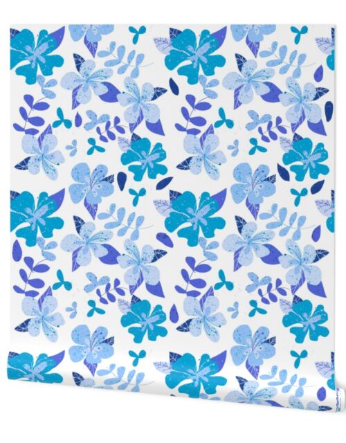 Jumbo Tropical Blue and Indigo Hibiscus Floral Repeat on White Wallpaper