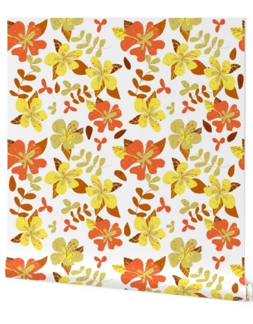 Tropical Orange and Brown Hibiscus Retro Repeat on White Wallpaper