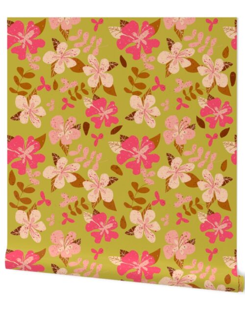 Jumbo Tropical Pink and Brown Hibiscus Floral Repeat on Gold Wallpaper