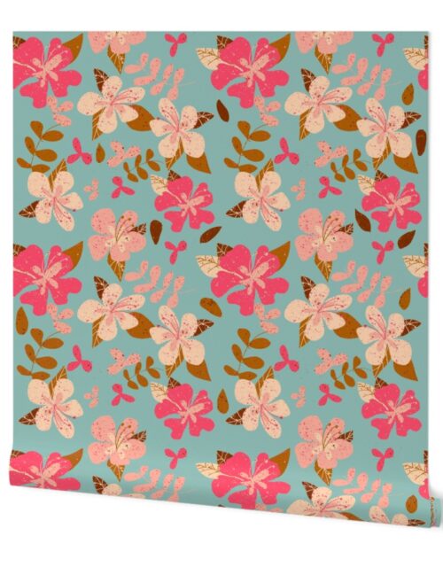 Tropical Pink and Brown Hibiscus Floral Repeat on Seafoam Wallpaper