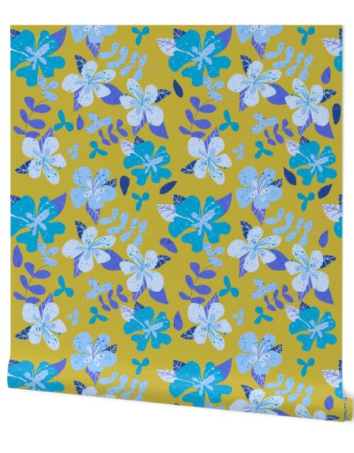 Tropical Blue and Indigo Hibiscus Floral Repeat on Gold Wallpaper