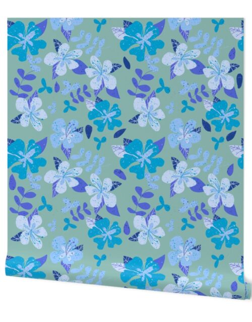Tropical Blue and Indigo Hibiscus Floral Repeat on Seafoam Wallpaper