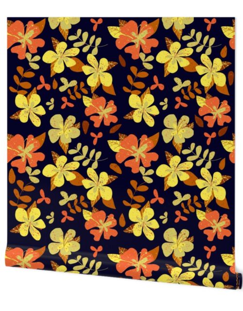 Tropical Orange and Brown Hibiscus Retro Repeat on Navy Wallpaper