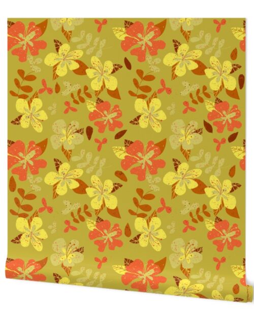 Tropical Orange and Brown Hibiscus Retro Repeat on Gold Wallpaper