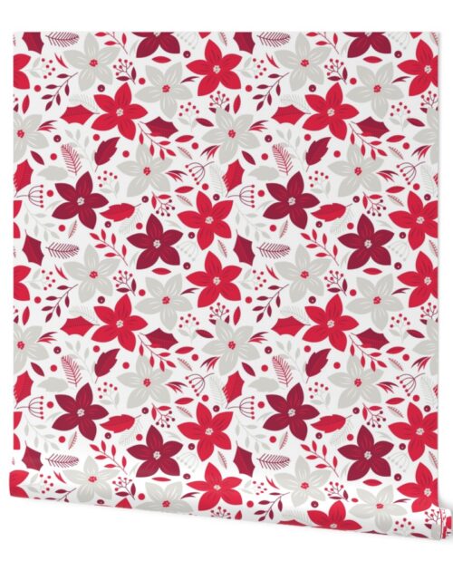 Christmas Red and Pale Silver Jumbo Poinsettias and Holly Repeat on Snow White Wallpaper
