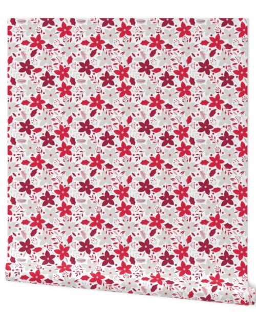 Small Christmas Red and Pale Silver Poinsettias and Holly Repeat on Snow White Wallpaper