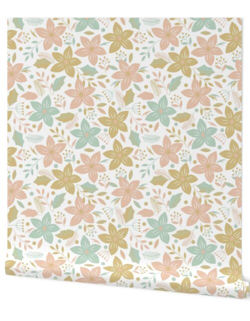 Jumbo Christmas Pink, Mint and Pale Gold Poinsettias and Holly Repeat on Snow White Wallpaper