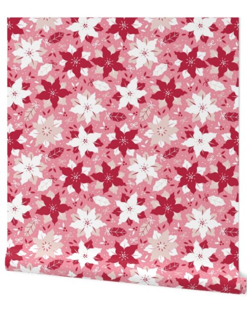 Christmas Red ,Champagne and White Jumbo Poinsettias Repeat on Bright Pink Background Wallpaper