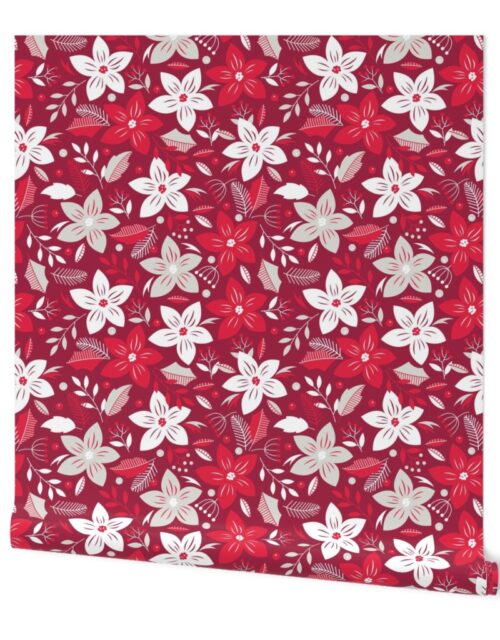 Christmas Red and Pale Silver Jumbo Poinsettias and Mistletoe Repeat on Deep Cranberry Background Wallpaper