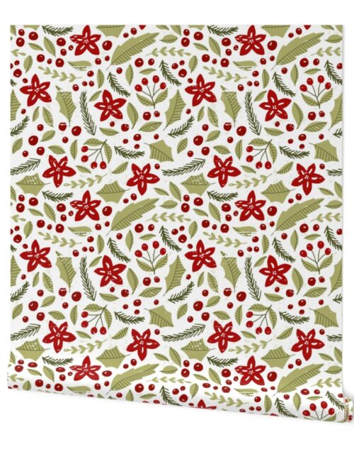 Poinsettias and Bay Laurel and Evergreen Sprigs and Holly Leaves Jumbo Pattern on White Wallpaper