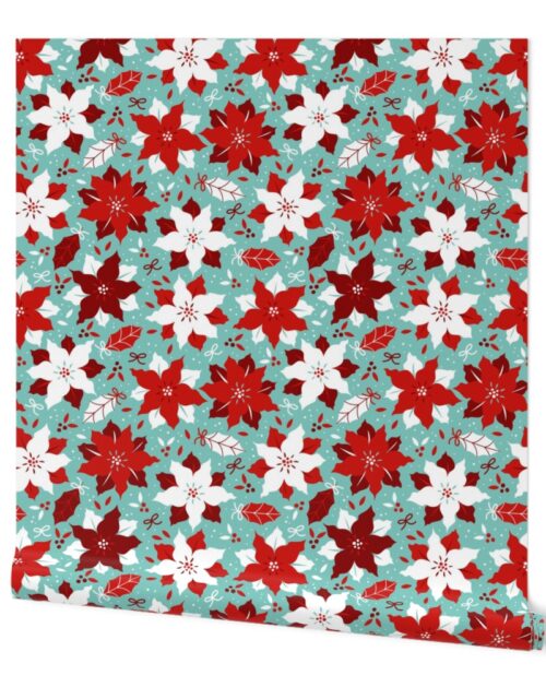 Christmas Red and White Poinsettias Jumbo Repeat on Mint Green Background Wallpaper