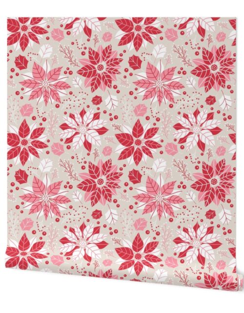 Christmas Red and Pink Poinsettias and Mistletoe Jumbo Repeat on Pale Champagne Background Wallpaper