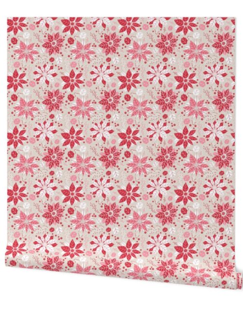 Christmas Red and Pink Poinsettias and Mistletoe Small Repeat on Pale Champagne Background Wallpaper