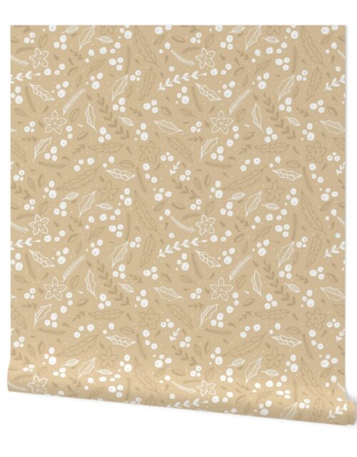 Christmas Beige and White  Jumbo Holly  and Mistletoe Repeat on Pale Gold  Background Wallpaper