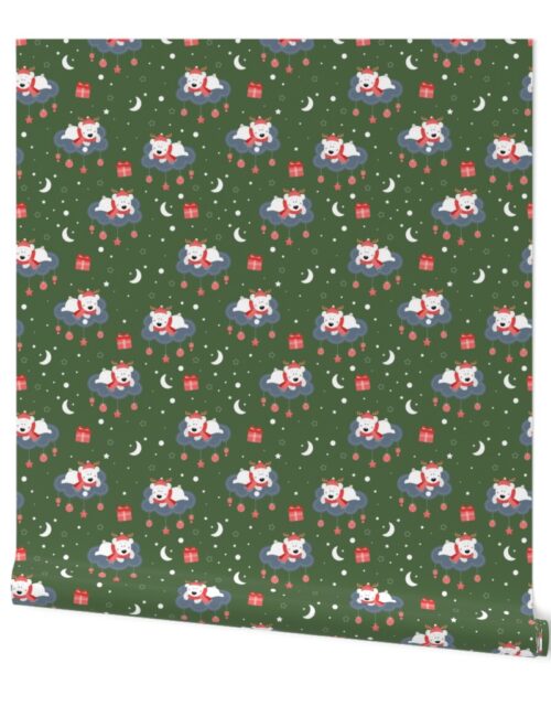 Children’s Print Polar Bears on Clouds with Christmas Ornaments on Fir Tree Green Wallpaper