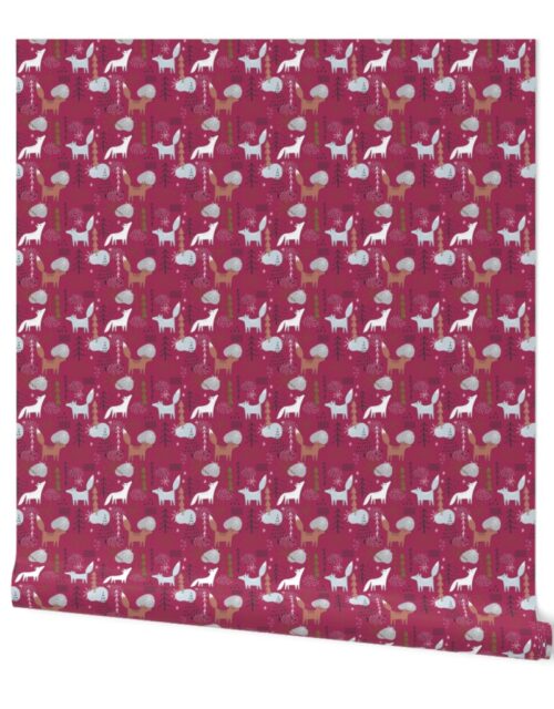Christmas Fox and Wolf in Winter Forest Scene on Cranberry Red Wallpaper