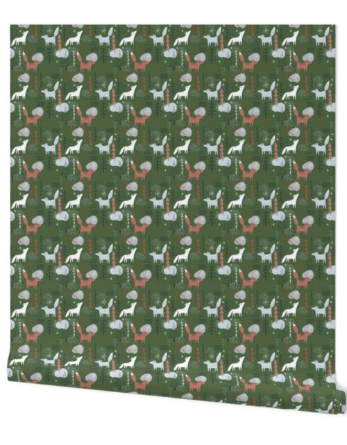Christmas Fox and Wolf in Winter Forest Scene on Fir Tree Green Wallpaper